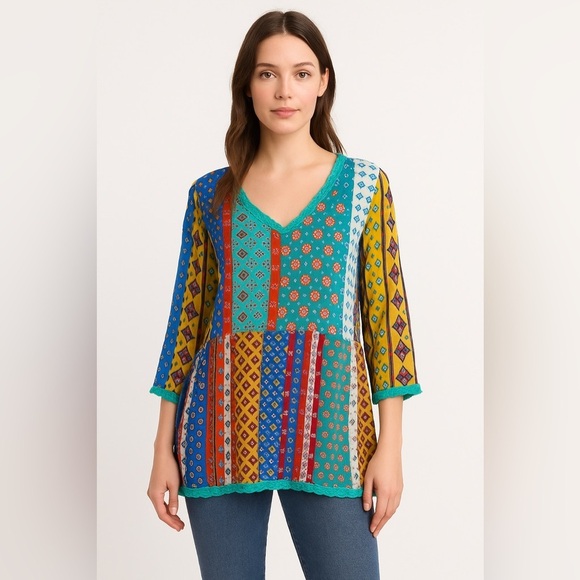 Johnny Was Long Sleeve Top 100% Silk Large L tunic blouse shirt color block - Picture 1 of 5